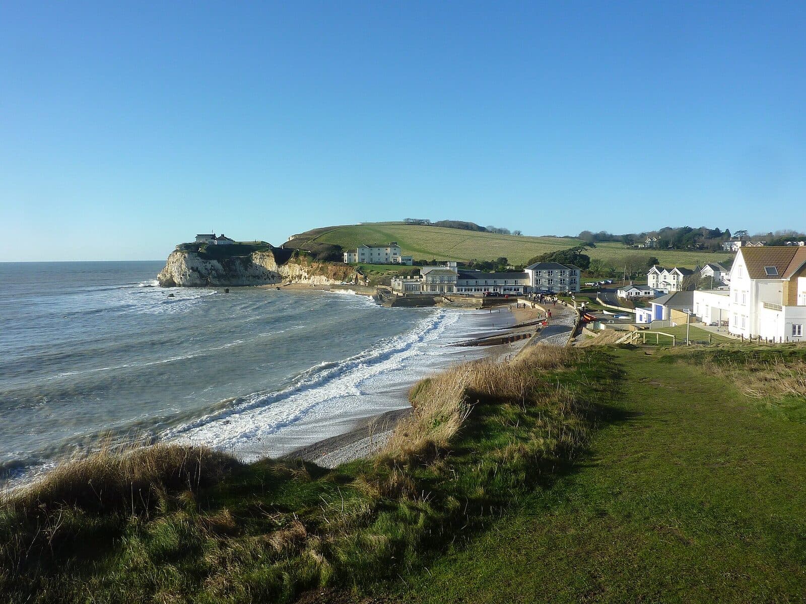 Freshwater Bay and the chalk cliffs from the clifftop