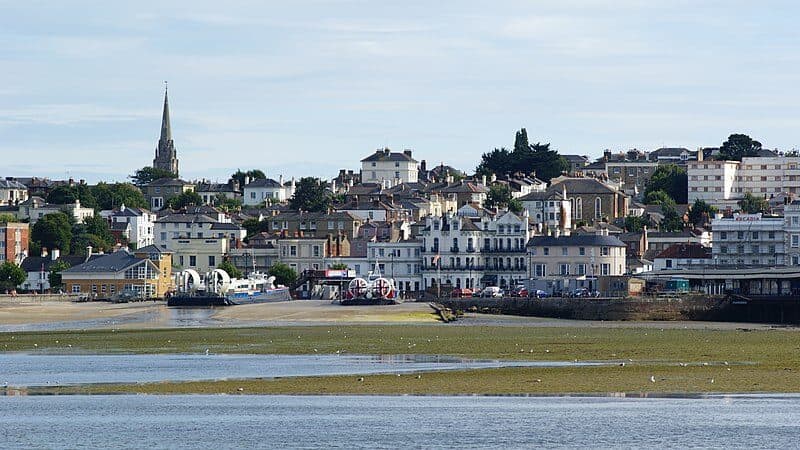 Ryde from the sands at low tide, the church spire on the skyline